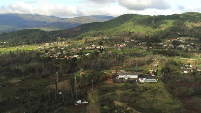 Scenic view of landscape in mountains and river . Galicia,Spain. Aerial Drone Footage