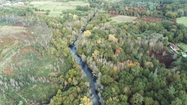 Scenic view of landscape in mountains and river . Galicia,Spain. Aerial Drone Footage