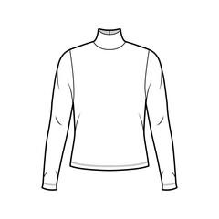 Turtleneck jersey sweater technical fashion illustration with long sleeves, oversized body. Flat outwear apparel template front white color. Women men unisex shirt top CAD mockup