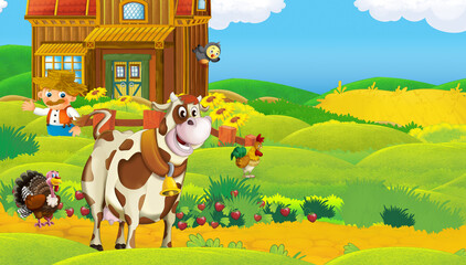 cartoon scene with farm animals on a farm ranch having fun - illustration