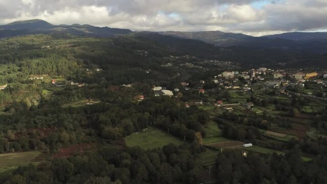 Scenic view of landscape in mountains and river . Galicia,Spain. Aerial Drone Footage