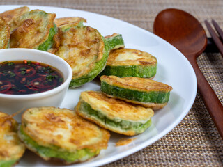 Korean food : Hobakjeon. Zucchini sliced, flour-coated, and pan-fried in egg batter.