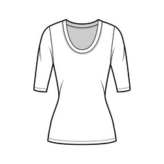 Scoop neck jersey shirt technical fashion illustration with elbow sleeves, close-fitting shape, tunic length. Flat sweater apparel template front white color. Women men unisex top CAD mockup