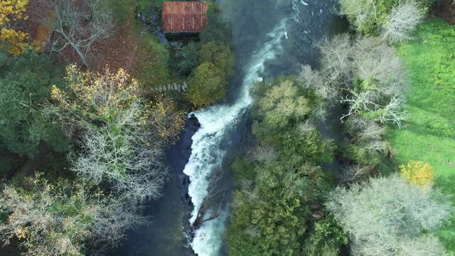 River in Mondariz. Galicia,Spain. Aerial Drone Footage