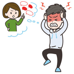 女性に文句を言われてイライラしている男性のイラスト