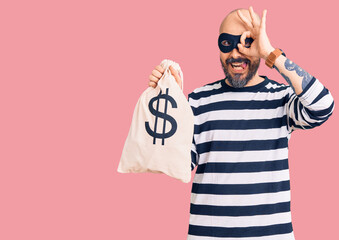 Young handsome man wearing burglar mask holding money bag with dollar symbol smiling happy doing ok...