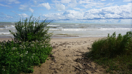 High winds churn up waves on Lake Michigan's Illinois shoreline. The water was closed at local beaches due to rough surf.