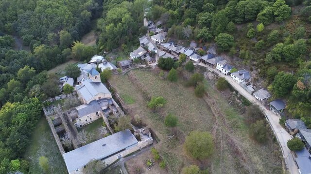 Village in the mountains. El Bierzo,Leon. Spain. Aerial Drone Footage