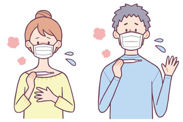 マスクをして体温計で体温を測る女性と男性