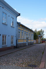 Old houses and streets of old town of Rauma city, Finland.