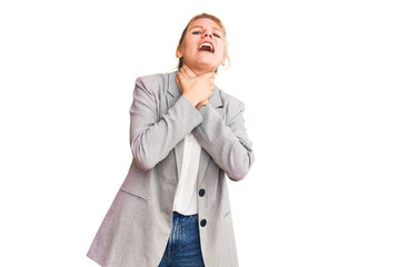 Young beautiful blonde woman wearing elegant jacket shouting suffocate because painful strangle. health problem. asphyxiate and suicide concept.