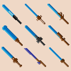 Set of nine pixel war swords. Image for icons, games, sites and more.