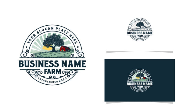 Farm logo with mountain sun rise and tree illustration