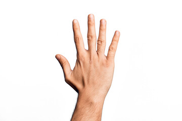Obraz premium Hand of caucasian young man showing fingers over isolated white background counting number 5 showing five fingers