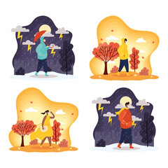 interracial young people wearing medical masks in seasonal scenes