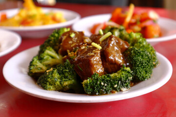 Freshly cooked beef with broccoli on a plate