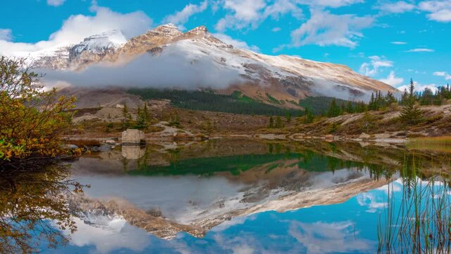 Lake Reflection of Massive Mountain Snow Covered Peak In Banff Mt K2 Cropped