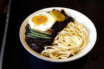 Freshly made Korean food called Jjangmyeon in a bowl