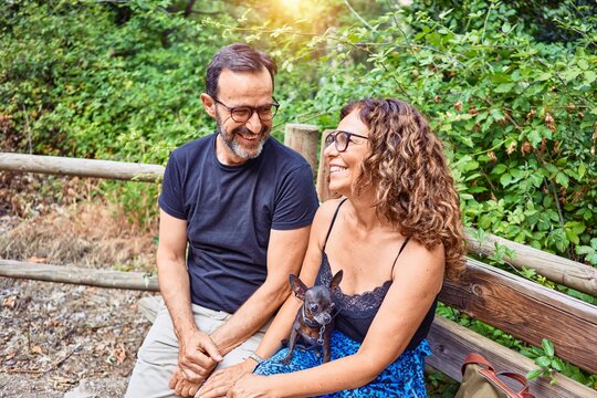 Middle age couple smiling happy sitting on the bench with chihuahua dog at park