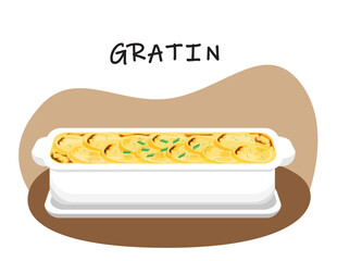 Illustration vector flat cartoon of food on table on white background. Gratin dauphinois is french food. Baked potatoes milk and cheese.