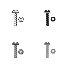 Simple bolt and nut icon on white background 4 types such as outline, black, color, outline and color. Vector illustration.