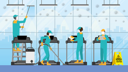 Cleaning concept. Preparing for re-open business. The cleaner team in the fitness center. Clean and check inspector service.