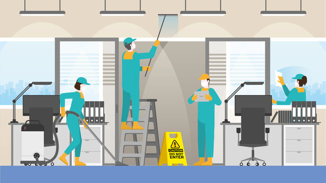 Cleaning concept. The cleaner team in the office workplace. Clean and check inspector service.