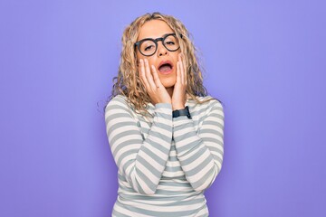 Beautiful blonde woman wearing casual striped t-shirt and glasses over purple background Tired hands covering face, depression and sadness, upset and irritated for problem