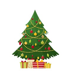 Festive Christmas tree in cartoon style stock vector illustration. Decorated green fir-tree isolated on white background. Happy New Year concept