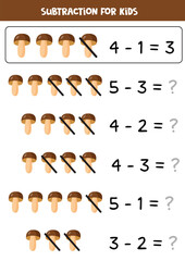 Subtraction with autumn forest mushrooms. Math game.