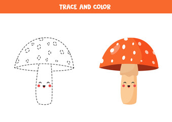 Tracing lines with cute kawaii amanita mushroom. Coloring page for kids.