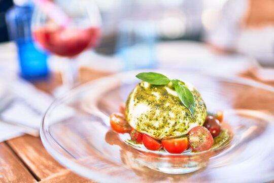 Delicious dish of tomato and burrata cheese salad