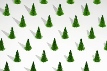 Green Christmas trees on white winter background. Minimalistic trendy pattern. New Year concept for Christmas holidays