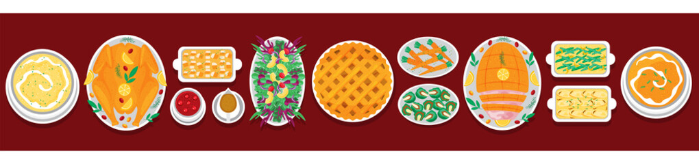 Illustration vector flat cartoon of food on happy Thanksgiving menu on dinner table setting as feast concept. Set of food on harvest festival on autumn. Roasted turkey and side dishes. Flat top view