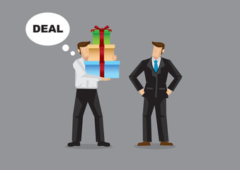Businessman giving bribe gift to another businessman so as to win a deal. Isolated vector illustration.