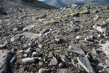 Large boulders of rock, in a national park in the Polar Urals, Russia. Hiking concept.