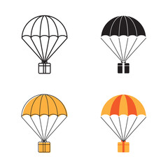 Simple gift box flying on parachute icon on white background 4 types such as outline, black, color, outline and color. Vector illustration.