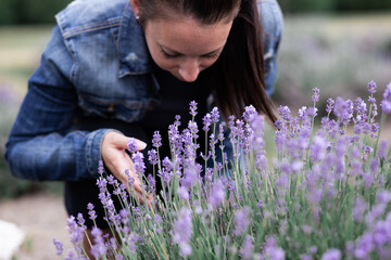 girl picking smelling flowers in the field lavender summer activities Quebec canada during virus...