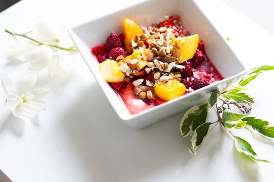 bowl of muesli with fruits very healthy beakfast