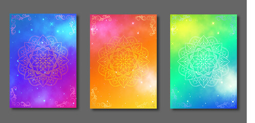 Set of Covers mandala design, galaxy nebula and star with floral ornament background, Pattern of covers template set, Vector illustration