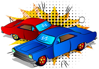 Comic book style, cartoon vector illustration of a cool retro American Sports Car.
