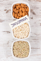 Inscription insomnia with best food as source melatonin and tryptophan. Healthy sleep concept