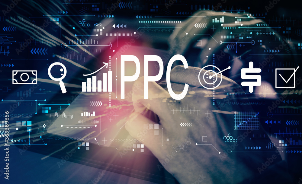 Poster ppc - pay per click concept with man using his tablet computer