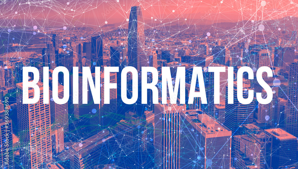 Poster bioinformatics theme with abstract network patterns and downtown san francisco skyscrapers