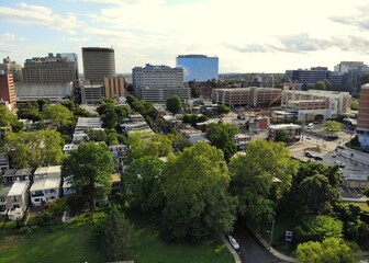 The aerial view of the downtown buildings and residential areas near Wilmington, Delaware, U.S.A