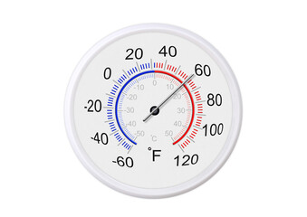 Fahrenheit and celsius scale white round thermometer for measuring weather temperature.  Thermometer isolated on white background. Ambient temperature plus 60 degrees fahrenheit