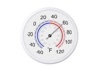 Fahrenheit and celsius scale white round thermometer for measuring weather temperature. ...