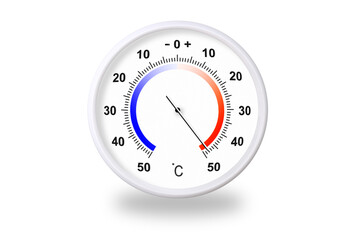 Outdoor thermometer on white background. Ambient temperature plus 48 degrees celsius