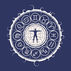Mystical geometry symbol. Linear alchemy, occult, philosophical sign. Astrology and religion concept. Outline silhouette of man. Zodiac circle