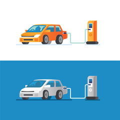 Electric car charging outside at refuelling power station. Modern technology and environment care concept. Flat style vector illustration isolated on white and blue background.